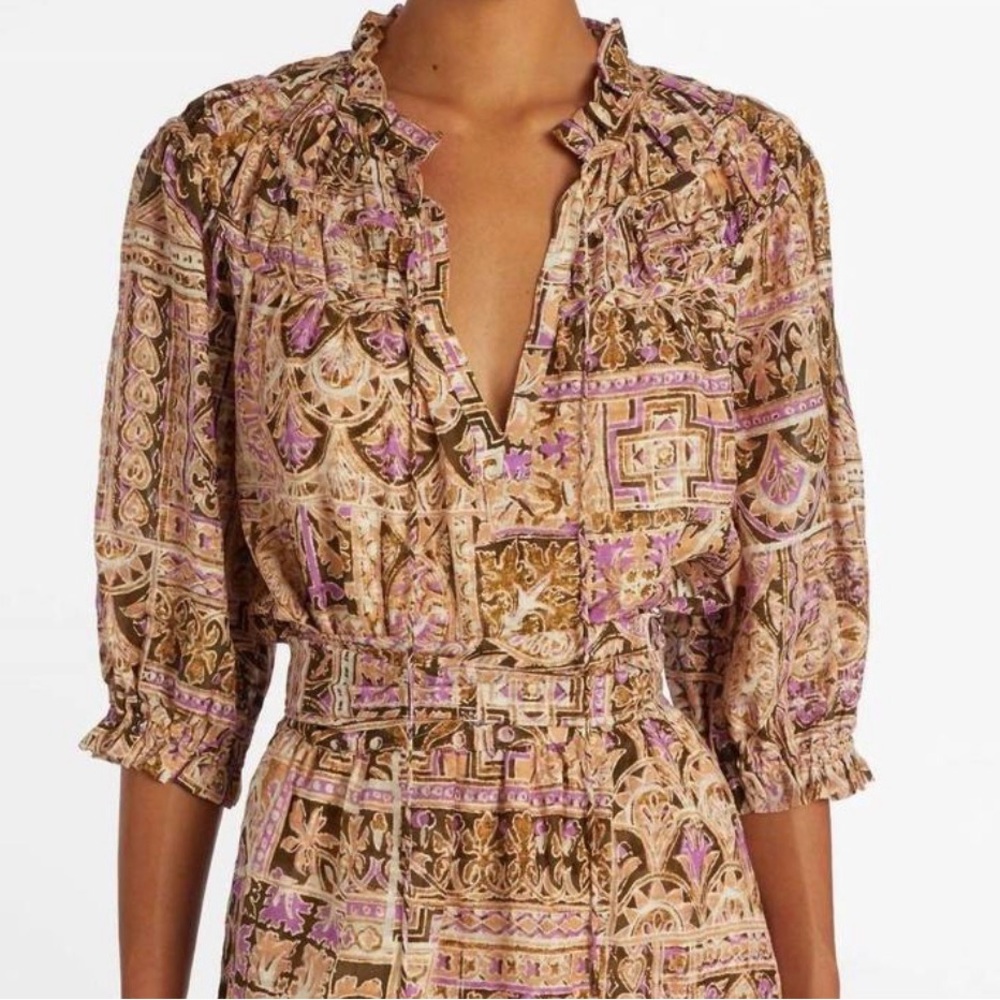 Marie Oliver Finley Linen Blend Tie Neck Ruffle Top in Amethyst Tile Sz S